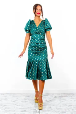 Part Of Your World - Forest Gold Spot Frilled Midi Dress 17 Part Of Your World - Forest Gold Spot Frilled Midi Dress -Glamoros Clothing Shop PartOfYourWorld ForestGoldSpotFrilledMidiDress 2