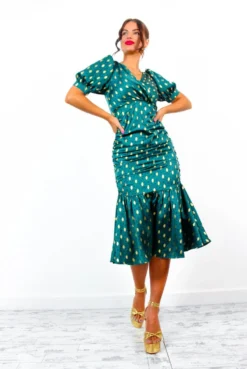 Part Of Your World - Forest Gold Spot Frilled Midi Dress 16 Part Of Your World - Forest Gold Spot Frilled Midi Dress -Glamoros Clothing Shop PartOfYourWorld ForestGoldSpotFrilledMidiDress 5