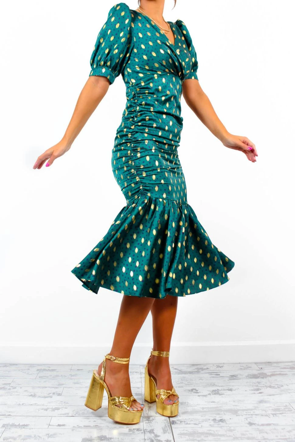 Part Of Your World - Forest Gold Spot Frilled Midi Dress 2 Part Of Your World - Forest Gold Spot Frilled Midi Dress - Image 2