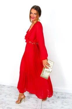 Penny For Your Thoughts - Red Ruffle Plunge Pleated Midi Dress -Glamoros Clothing Shop PennyForYourThoughts RedRufflePlungePleatedMidiDress 1