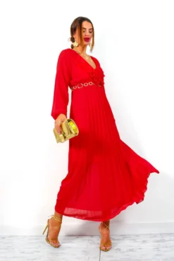 Penny For Your Thoughts - Red Ruffle Plunge Pleated Midi Dress -Glamoros Clothing Shop PennyForYourThoughts RedRufflePlungePleatedMidiDress 4