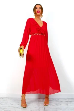 Penny For Your Thoughts - Red Ruffle Plunge Pleated Midi Dress -Glamoros Clothing Shop PennyForYourThoughts RedRufflePlungePleatedMidiDress 5