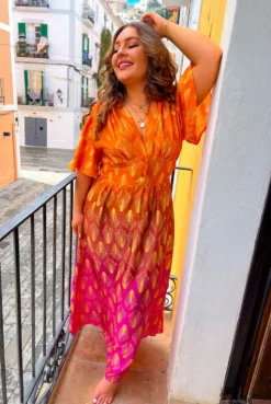 Places To Be - Orange Pink Ombre Geometric Print Midi Dress