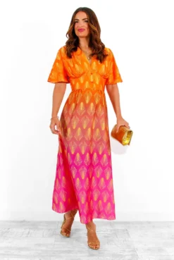 Places To Be - Orange Pink Ombre Geometric Print Midi Dress -Glamoros Clothing Shop PlacesToBe OrangePinkOmbreGeometricPrintMidiDress 2
