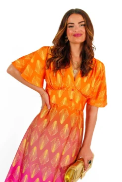 Places To Be - Orange Pink Ombre Geometric Print Midi Dress -Glamoros Clothing Shop PlacesToBe OrangePinkOmbreGeometricPrintMidiDress 4