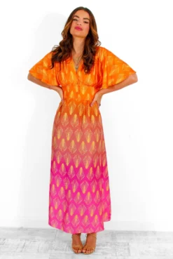 New Release -Glamoros Clothing Shop PlacesToBe OrangePinkOmbreGeometricPrintMidiDress 5