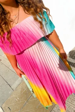 Pleat About Me - Multi Ombre Lurex Pleated Bardot Maxi Dress 13 Pleat About Me - Multi Ombre Lurex Pleated Bardot Maxi Dress -Glamoros Clothing Shop Pleat About Me Multi Ombre Lurex Pleated Bardot Maxi Dress 2