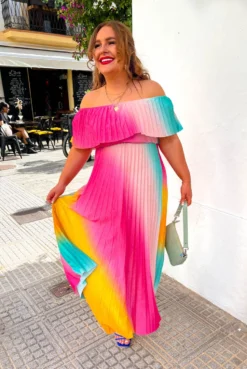 Pleat About Me - Multi Ombre Lurex Pleated Bardot Maxi Dress