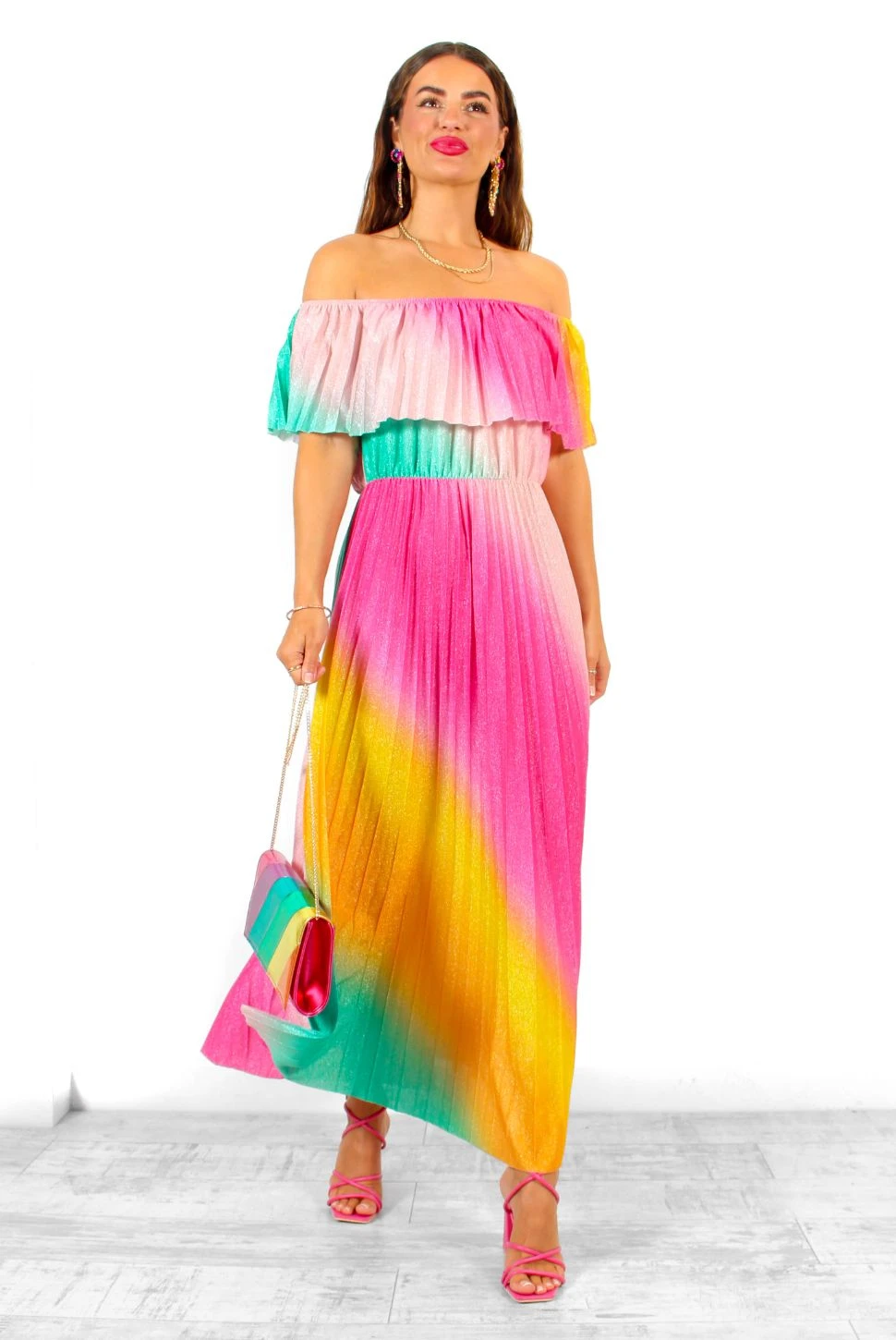 Pleat About Me - Multi Ombre Lurex Pleated Bardot Maxi Dress 7 Pleat About Me - Multi Ombre Lurex Pleated Bardot Maxi Dress - Image 7