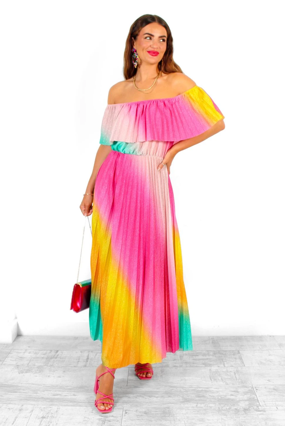 Pleat About Me - Multi Ombre Lurex Pleated Bardot Maxi Dress 2 Pleat About Me - Multi Ombre Lurex Pleated Bardot Maxi Dress - Image 2