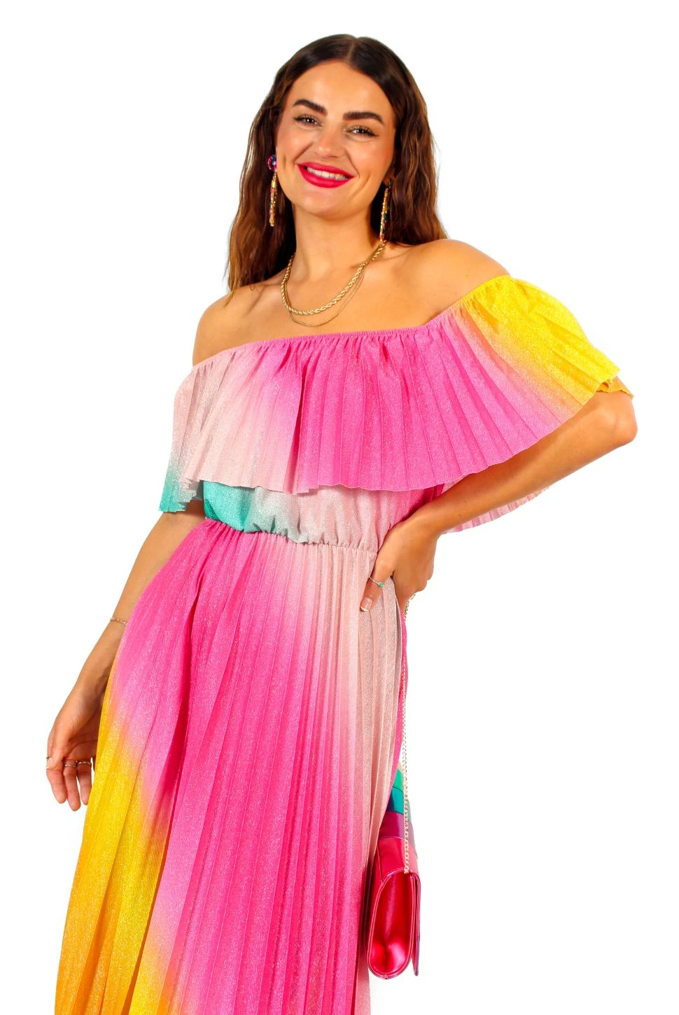 Pleat About Me - Multi Ombre Lurex Pleated Bardot Maxi Dress 5 Pleat About Me - Multi Ombre Lurex Pleated Bardot Maxi Dress - Image 5