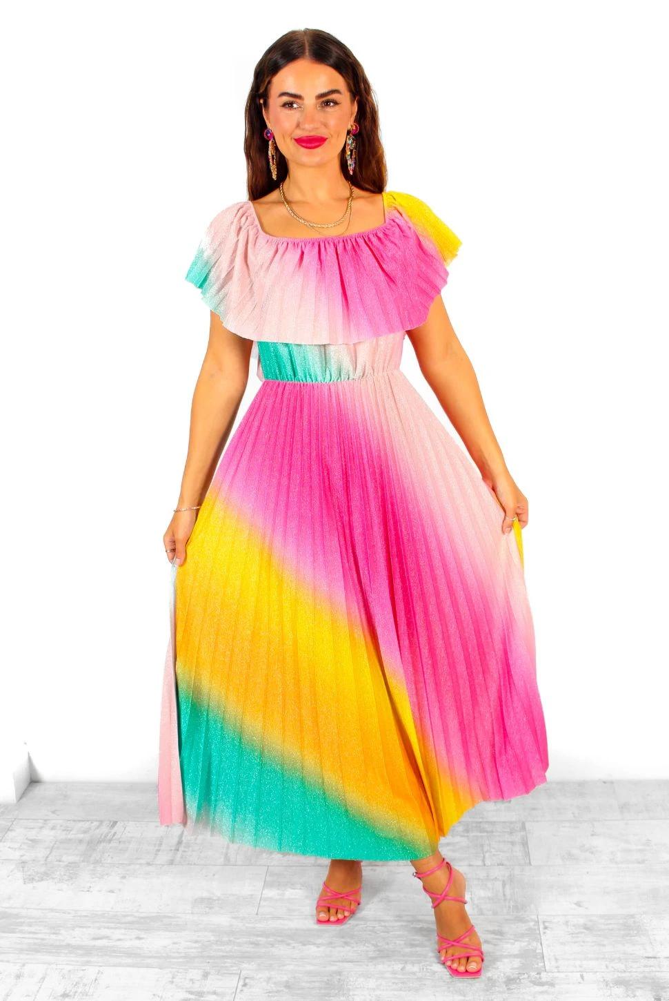 Pleat About Me - Multi Ombre Lurex Pleated Bardot Maxi Dress 8 Pleat About Me - Multi Ombre Lurex Pleated Bardot Maxi Dress - Image 8