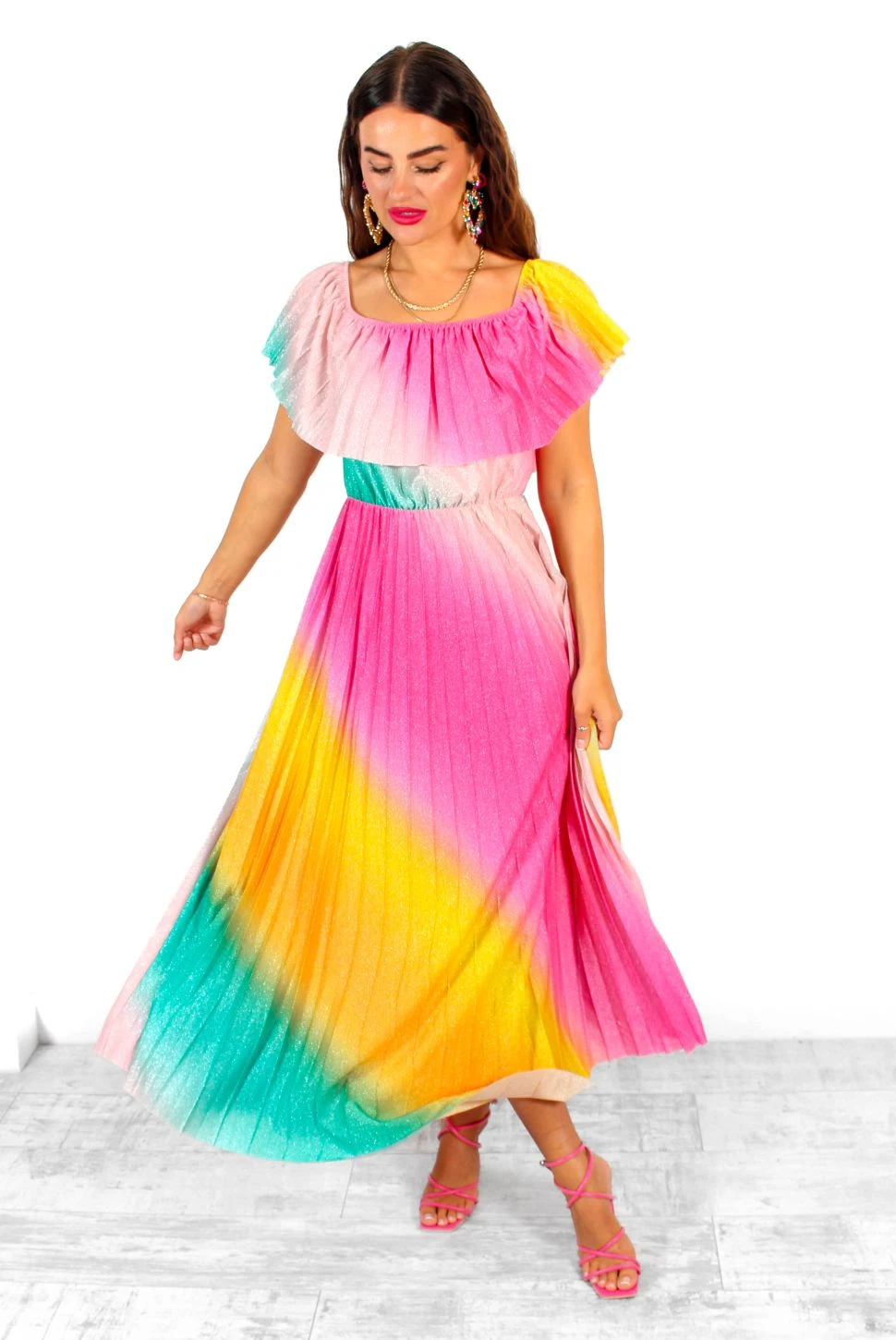 Pleat About Me - Multi Ombre Lurex Pleated Bardot Maxi Dress 10 Pleat About Me - Multi Ombre Lurex Pleated Bardot Maxi Dress - Image 10