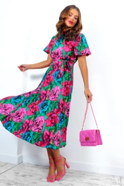 Pure Beauty - Green Pink Rose Print Pleated Midi Dress -Glamoros Clothing Shop PureBeauty GreenPinkRosePrintPleatedMidiDress 4