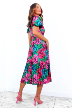 Pure Beauty - Green Pink Rose Print Pleated Midi Dress -Glamoros Clothing Shop PureBeauty GreenPinkRosePrintPleatedMidiDress 6