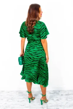 Queue The Compliments - Green Black Zebra Print Midi Wrap Dress -Glamoros Clothing Shop QueueTheCompliments GreenBlackZebraPrintMidiWrapDress 1