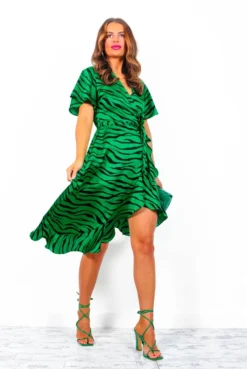 Queue The Compliments - Green Black Zebra Print Midi Wrap Dress -Glamoros Clothing Shop QueueTheCompliments GreenBlackZebraPrintMidiWrapDress 2