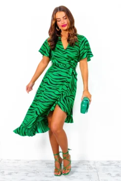 Queue The Compliments - Green Black Zebra Print Midi Wrap Dress -Glamoros Clothing Shop QueueTheCompliments GreenBlackZebraPrintMidiWrapDress 4