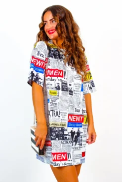 Read All About It - White Multi Newspaper Graphic T-Shirt Dress