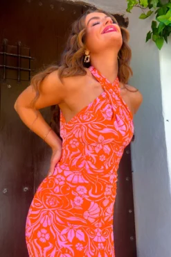 Real Life Fantasy - Orange Pink Floral Halter Neck Maxi Dress -Glamoros Clothing Shop Real Life Fantasy Orange PinkFloral Halter Neck Maxi Dress 1 1