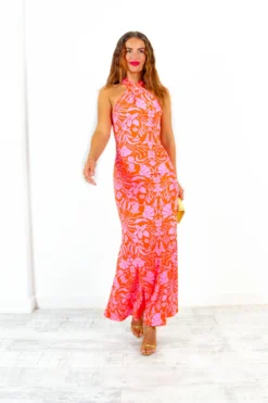 Real Life Fantasy - Orange Pink Floral Halter Neck Maxi Dress -Glamoros Clothing Shop RealLifeFantasy OrangePinkFloralHalterNeckMaxiDress2 scaled