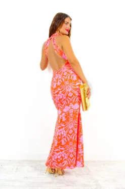 Real Life Fantasy - Orange Pink Floral Halter Neck Maxi Dress -Glamoros Clothing Shop RealLifeFantasy OrangePinkFloralHalterNeckMaxiDress3 scaled