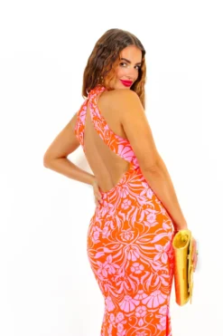 Real Life Fantasy - Orange Pink Floral Halter Neck Maxi Dress -Glamoros Clothing Shop RealLifeFantasy OrangePinkFloralHalterNeckMaxiDress4 scaled