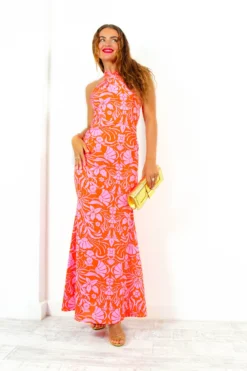 Real Life Fantasy - Orange Pink Floral Halter Neck Maxi Dress -Glamoros Clothing Shop RealLifeFantasy OrangePinkFloralHalterNeckMaxiDress6 scaled
