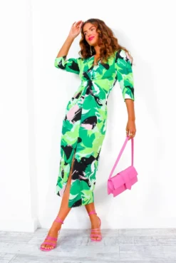 Round The Twist - Green Pink Abstract Twist Front Midi Dress 9 Round The Twist - Green Pink Abstract Twist Front Midi Dress -Glamoros Clothing Shop RoundTheTwist GreenPinkAbstractTwistFrontMidiDress4 1