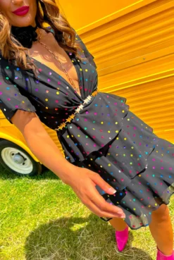 Glamoros Clothing Shop -Glamoros Clothing Shop Save Your Tiers Black Multi Foil Spot Tiered Frill Mini Dress