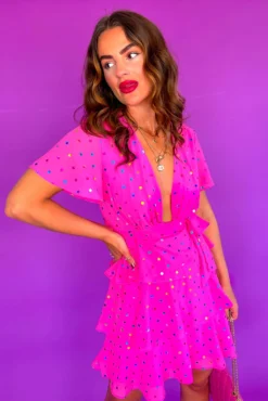 Save Your Tiers - Pink Multi Foil Spot Tiered Frill Mini Dress -Glamoros Clothing Shop Save Your Tiers Pink Multi Foil Spot Tiered Frill Mini Dress 2