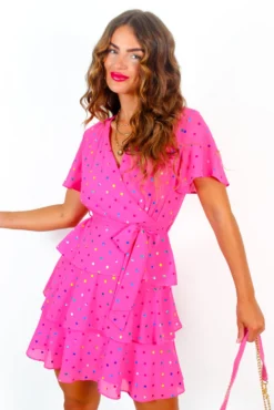Save Your Tiers - Pink Multi Foil Spot Tiered Frill Mini Dress -Glamoros Clothing Shop SaveYourTiers PinkMultiFoilSpotTieredFrillMiniDress 3