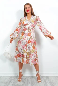 Season Of Love - Cream Multi Floral Midi Dress -Glamoros Clothing Shop SeasonOfLove CreamMultiFloralMidiDress2