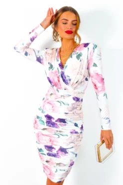Seduce You - White Multi Floral Ruched Midi Dress -Glamoros Clothing Shop SeduceYou WhiteMultiFloralRuchedMidiDress 1