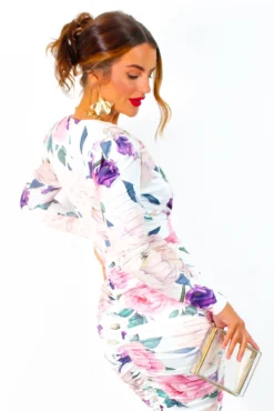 Seduce You - White Multi Floral Ruched Midi Dress -Glamoros Clothing Shop SeduceYou WhiteMultiFloralRuchedMidiDress 5