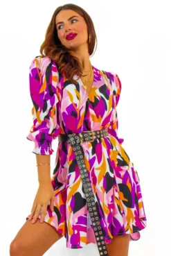 See You Skater - Purple Orange Abstract Print Mini Dress