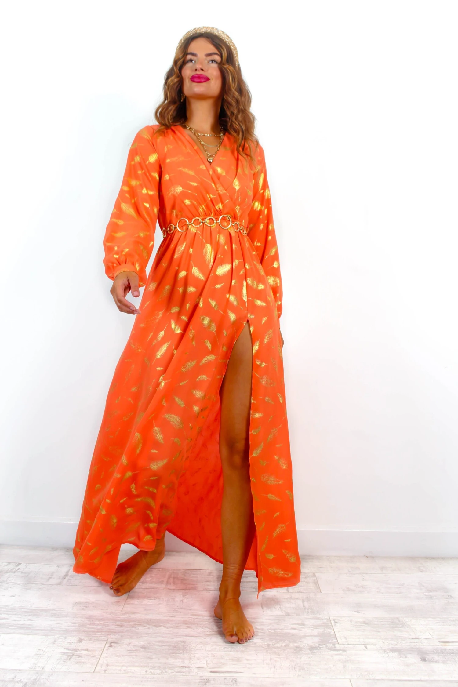 She Could Be The One - Orange Gold Feather Print Maxi Dress 1 She Could Be The One - Orange Gold Feather Print Maxi Dress