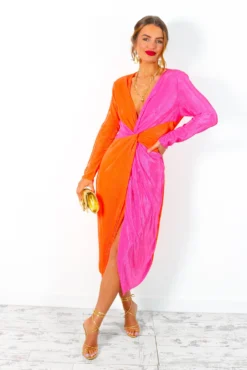 She Is The Moment - Pink Orange Twist Front Plisse Midi Dress -Glamoros Clothing Shop SheIsTheMoment PinkOrangeTwistFrontPlisseMidiDress 2