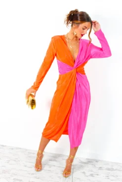 She Is The Moment - Pink Orange Twist Front Plisse Midi Dress -Glamoros Clothing Shop SheIsTheMoment PinkOrangeTwistFrontPlisseMidiDress 3