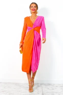 She Is The Moment - Pink Orange Twist Front Plisse Midi Dress -Glamoros Clothing Shop SheIsTheMoment PinkOrangeTwistFrontPlisseMidiDress 5