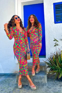 Shes A Diamond - Green Multi Floral Diamond Ruched Midi Dress