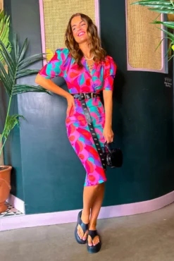 She's Arrived - Pink Green Abstract Print Midi Dress