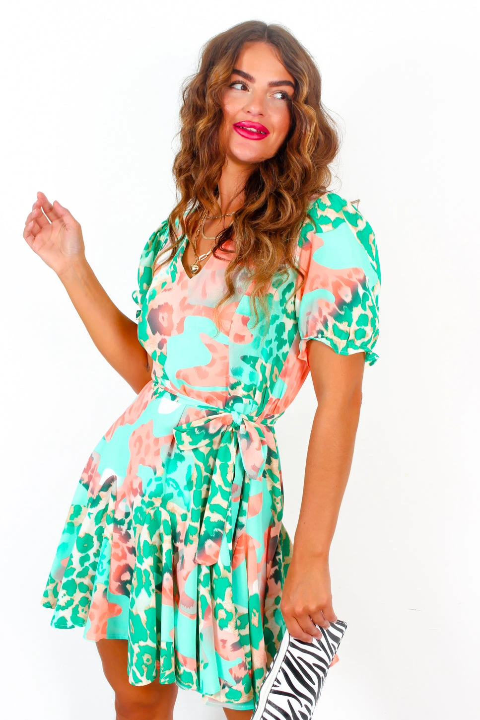 Shes A Cutie - Green Peach Leopard Mini Dress 2 Shes A Cutie - Green Peach Leopard Mini Dress - Image 2