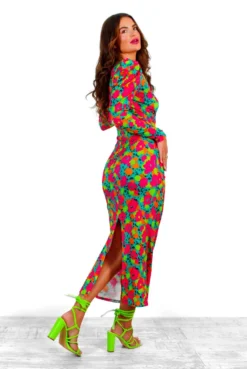 Shes A Diamond - Green Multi Floral Diamond Ruched Midi Dress -Glamoros Clothing Shop She sADiamond GreenMultiFloralDiamondRuchedMidiDress 6