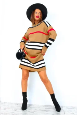 Catwalk Shes A Real One - Camel Monochrome Red Stripe Knitted Midi Dress -Glamoros Clothing Shop She sARealOne CamelMonochromeRedStripeKnittedMidiDress 3