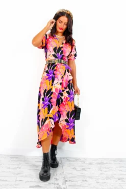 Shes Cute - Orange Purple Floral Midi Dress -Glamoros Clothing Shop She sCute OrangePurpleFloralMidiDress4