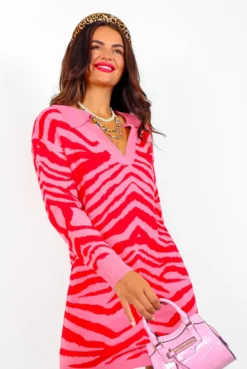 Shes Fierce - Pink Red Zebra Knitted Jumper Dress -Glamoros Clothing Shop She sFierce PinkRedZebraKnittedJumperDress 2