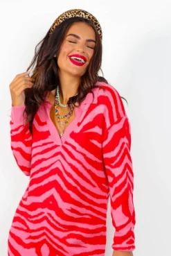 Shes Fierce - Pink Red Zebra Knitted Jumper Dress -Glamoros Clothing Shop She sFierce PinkRedZebraKnittedJumperDress 3
