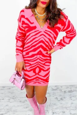 Shes Fierce - Pink Red Zebra Knitted Jumper Dress