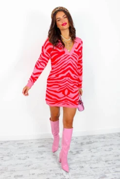 Shes Fierce - Pink Red Zebra Knitted Jumper Dress -Glamoros Clothing Shop She sFierce PinkRedZebraKnittedJumperDress 6
